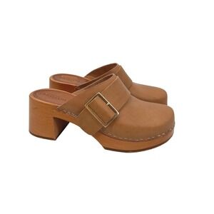 Swedish Hasbeens Slejf Women Tan Leather Buckle Clogs Wood Platform Mule 36 US 6